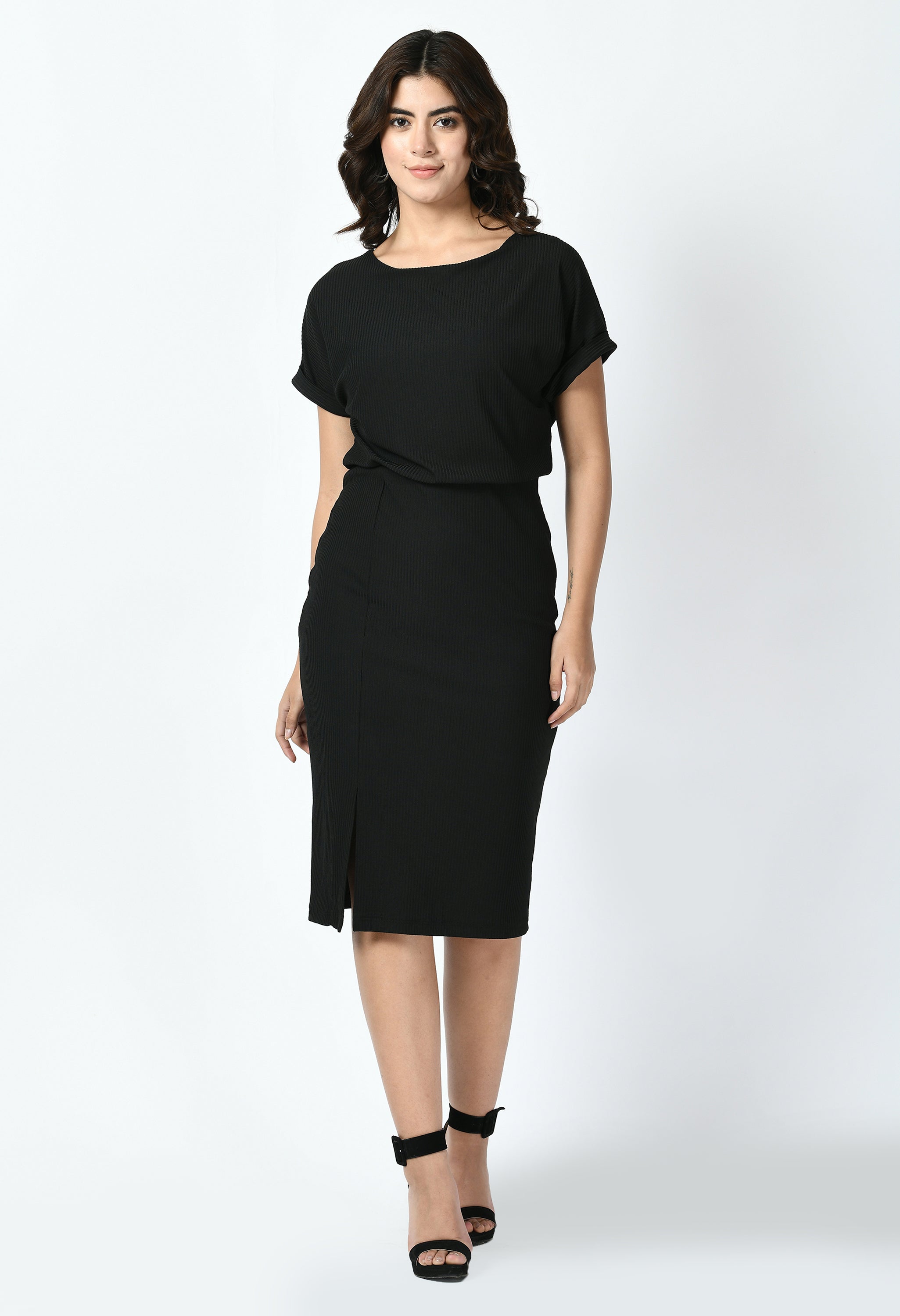 Enigma Ribbed Blouson Dress (Black)