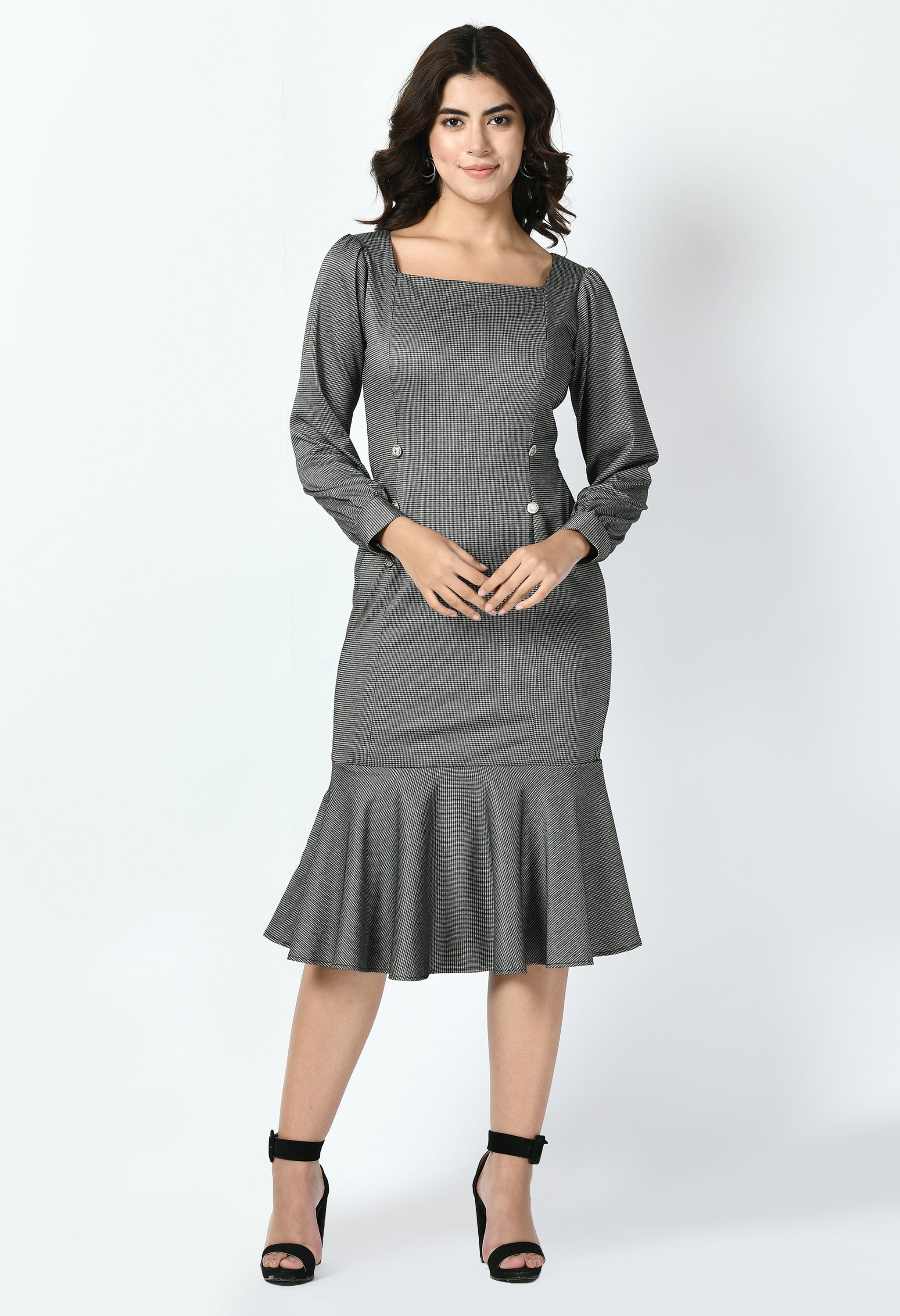 Peak Checked Fishtail Midi Dress (Charcoal Black)