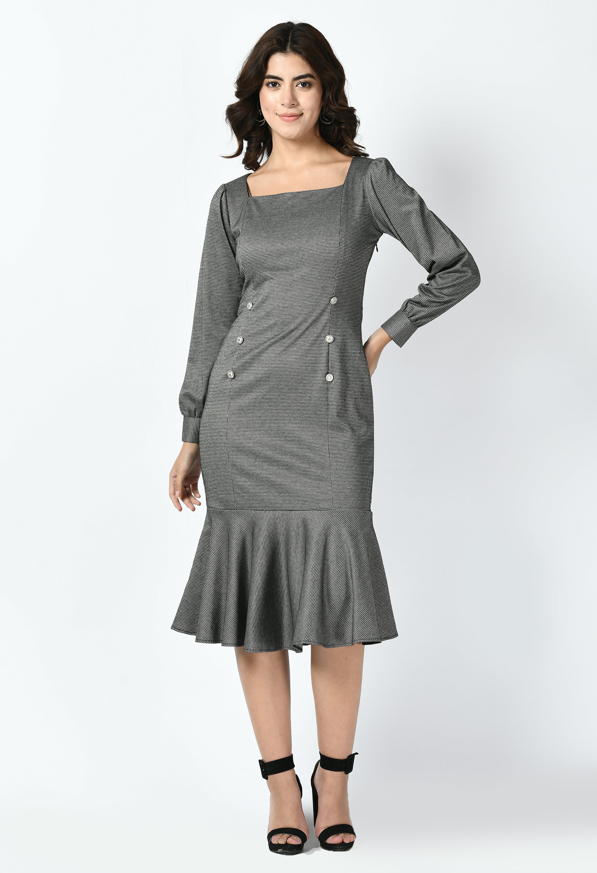 Peak Checked Fishtail Midi Dress (Charcoal Black)