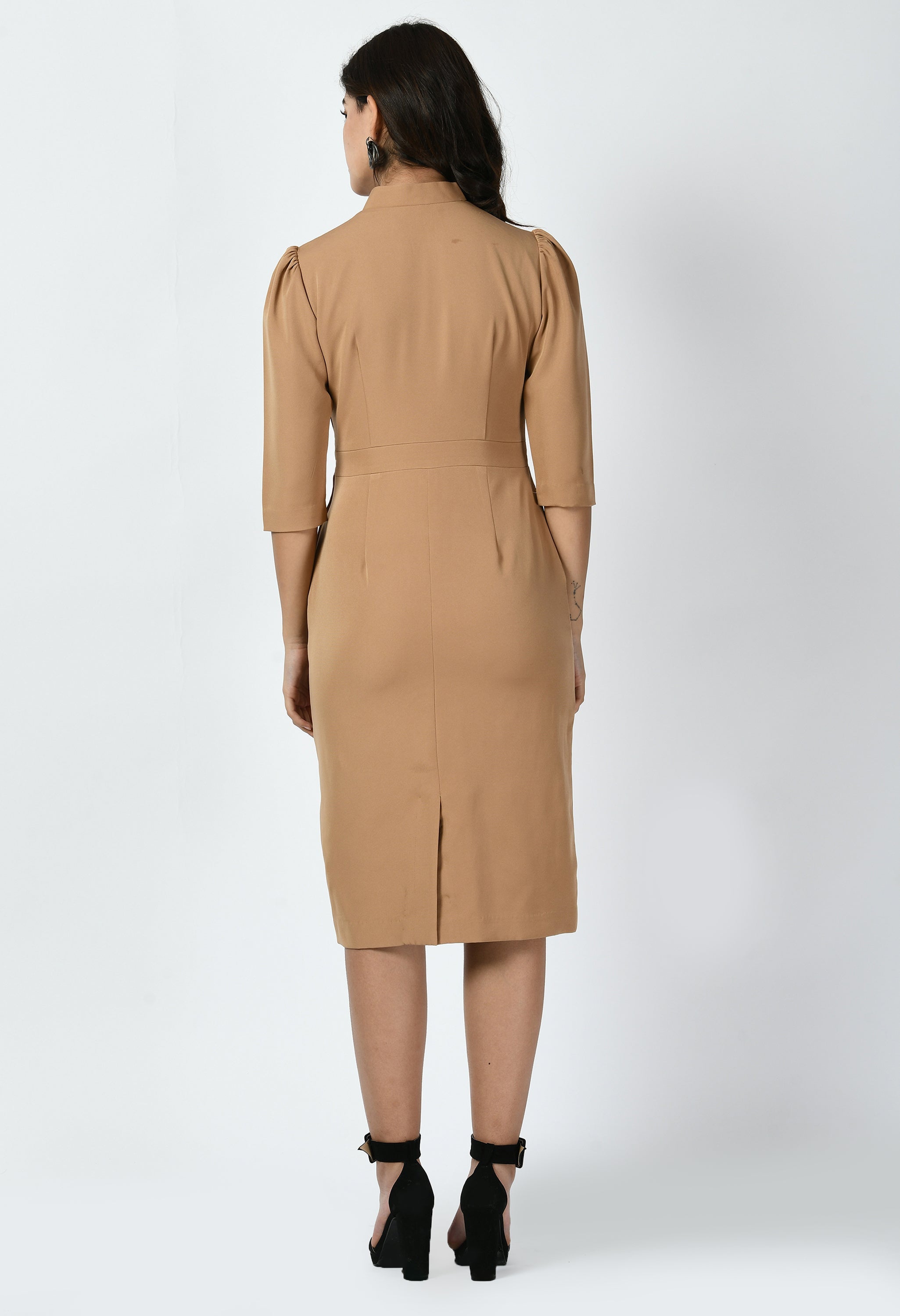 Grace Puff Sleeves Sheath Dress (Beige)