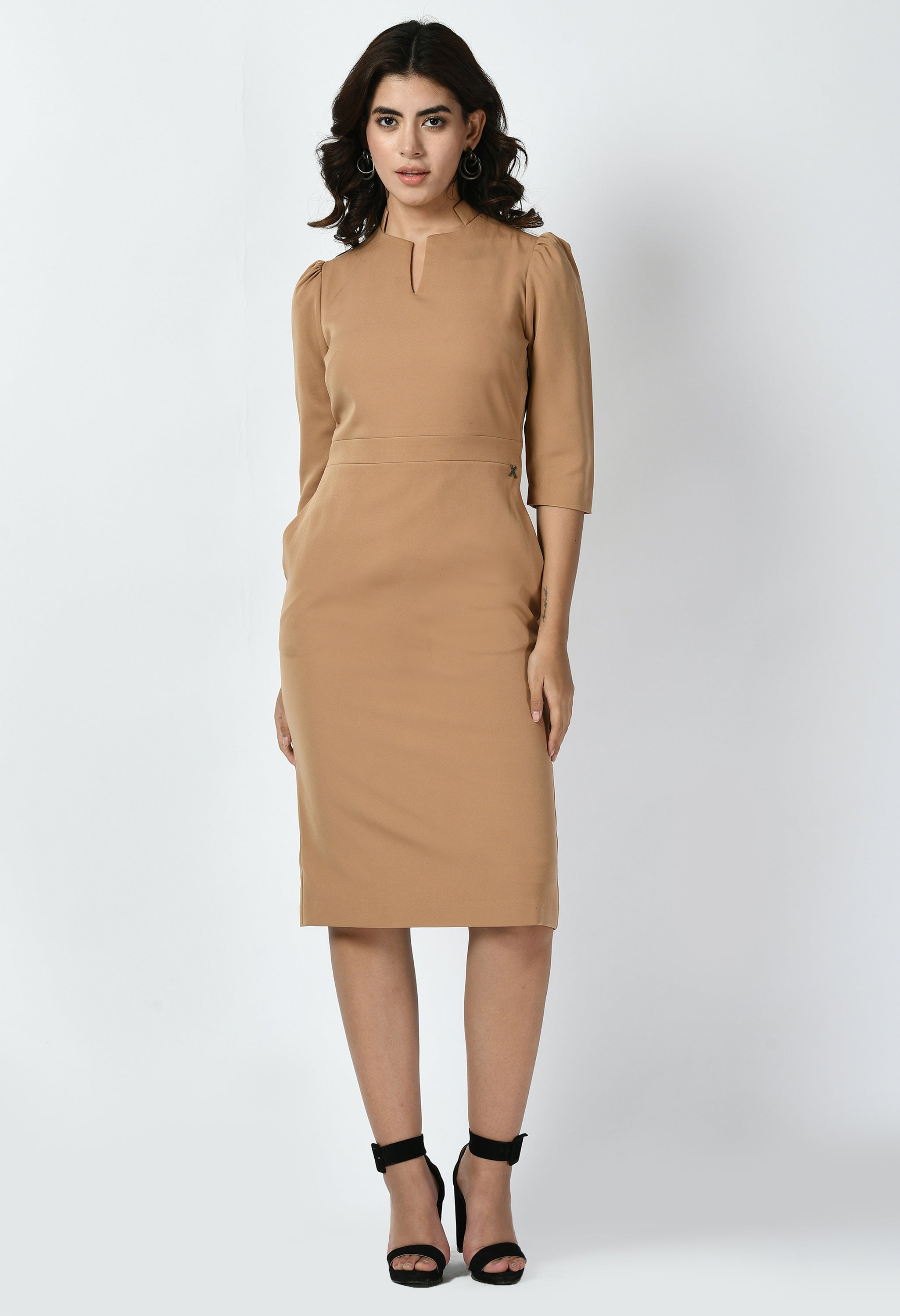 Grace Puff Sleeves Sheath Dress (Beige)