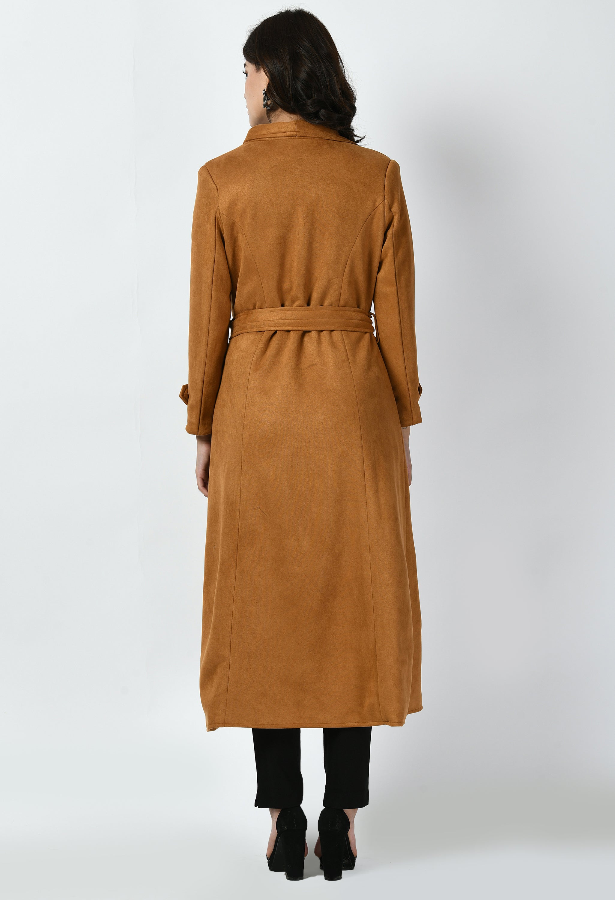 Dedication Suede Leather Long Wrap Coat (Tan Brown)