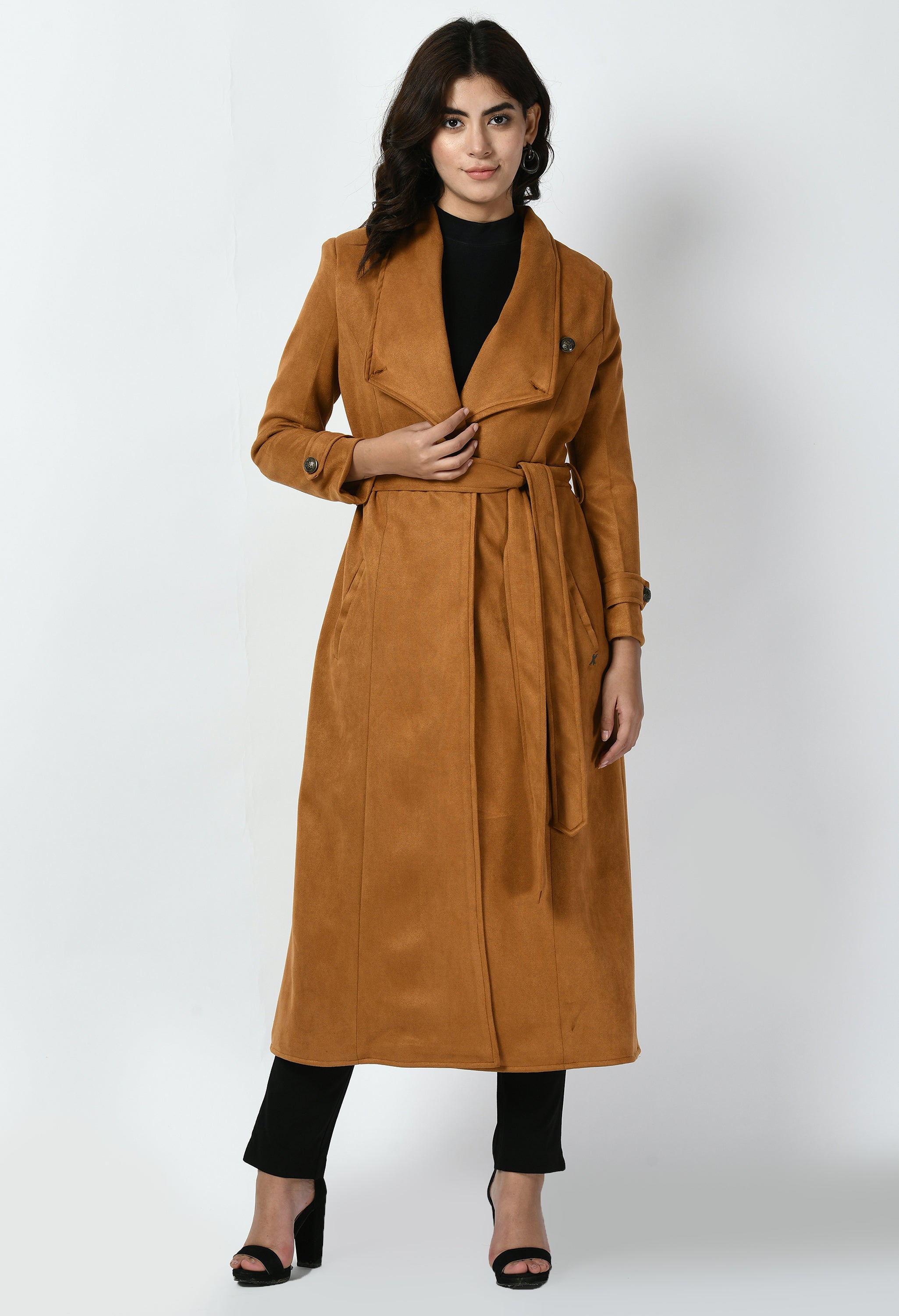 Dedication Suede Leather Long Wrap Coat (Tan Brown)