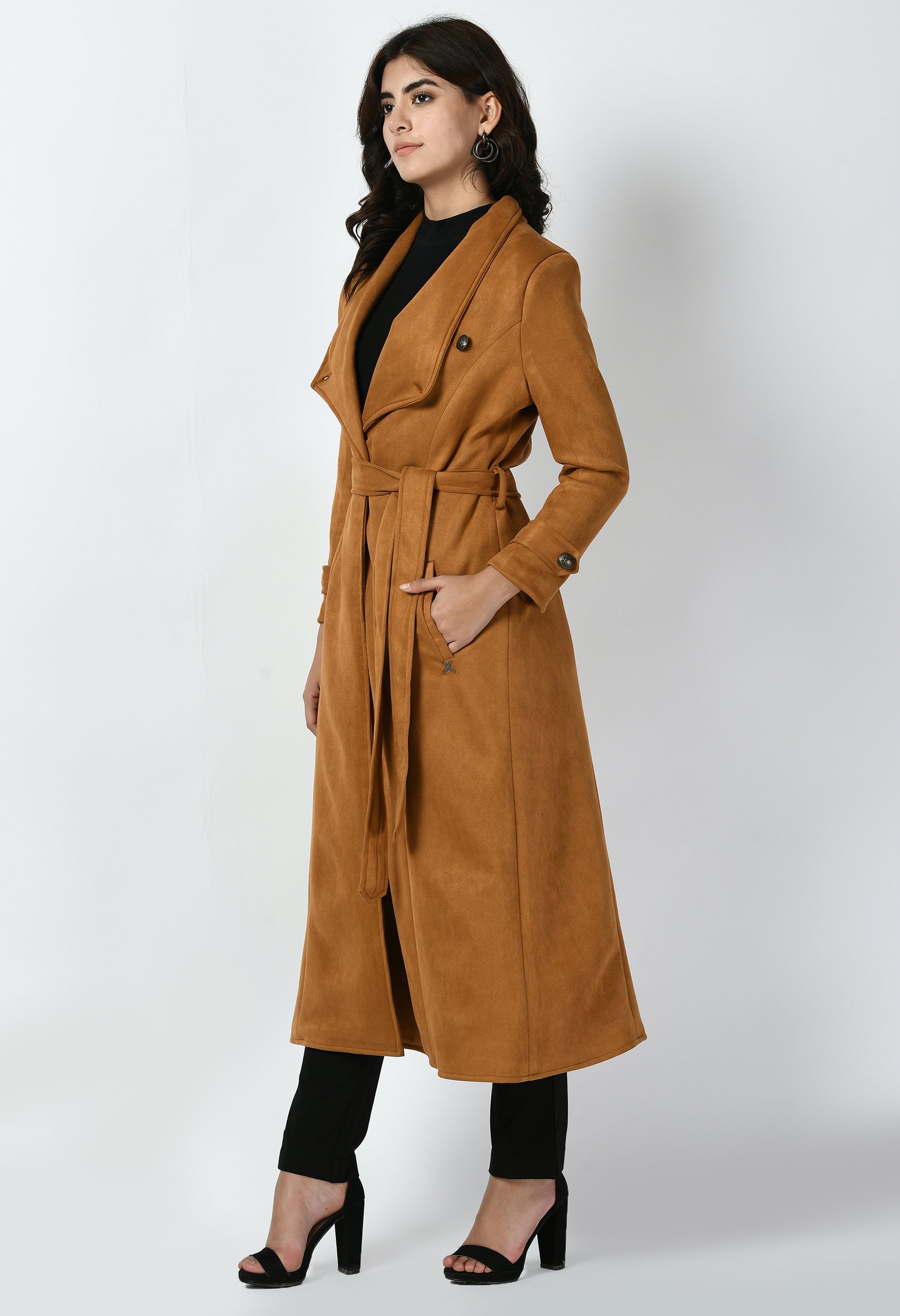 Dedication Suede Leather Long Wrap Coat (Tan Brown)