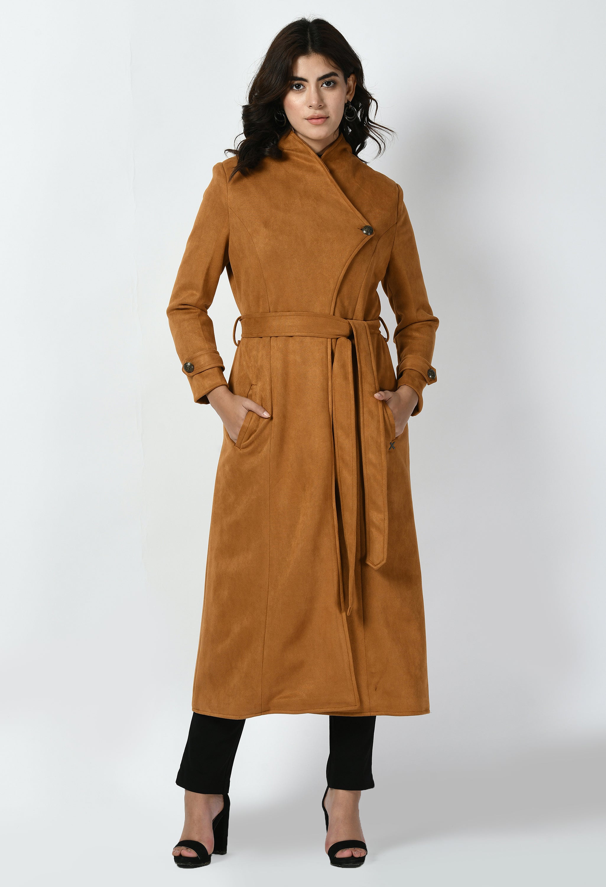 Dedication Suede Leather Long Wrap Coat (Tan Brown)