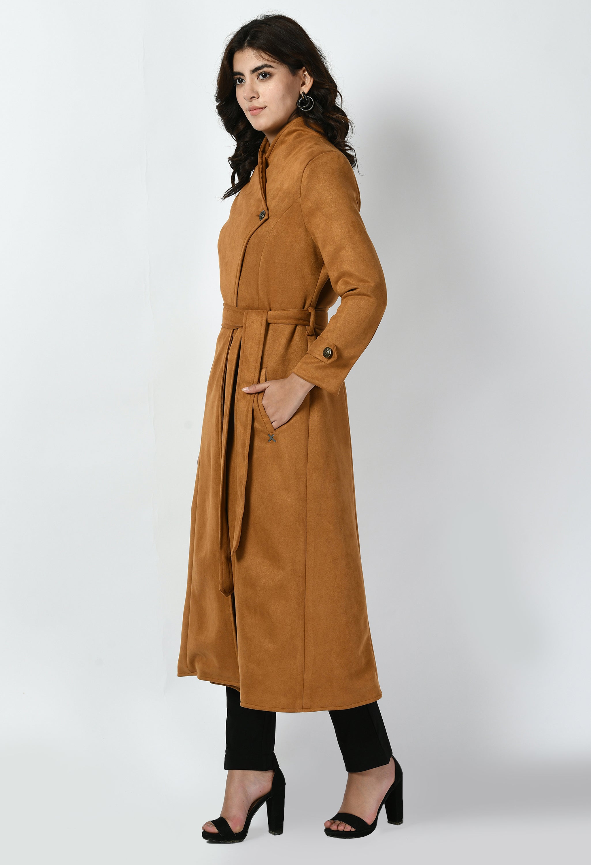 Dedication Suede Leather Long Wrap Coat (Tan Brown)