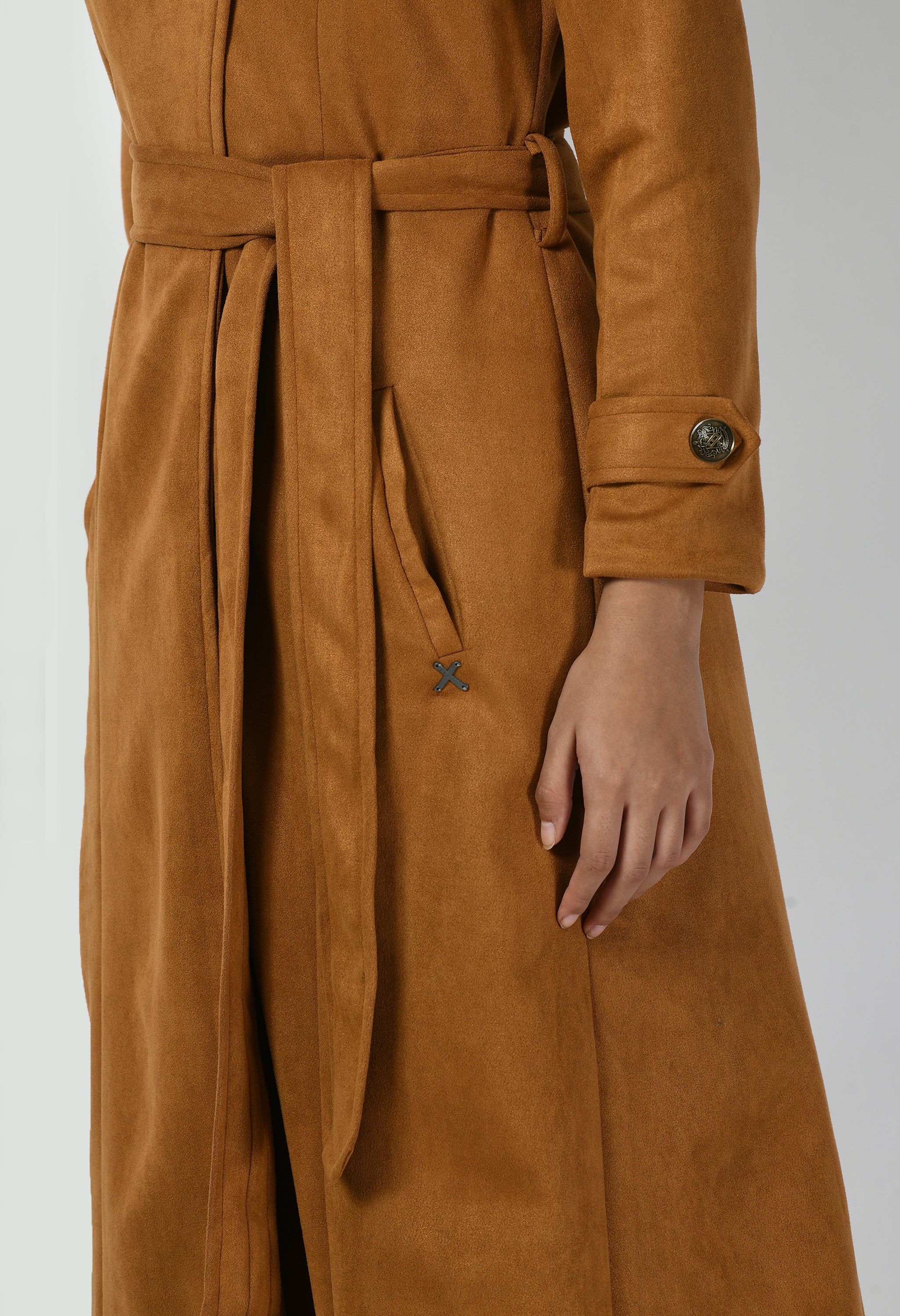 Dedication Suede Leather Long Wrap Coat (Tan Brown)