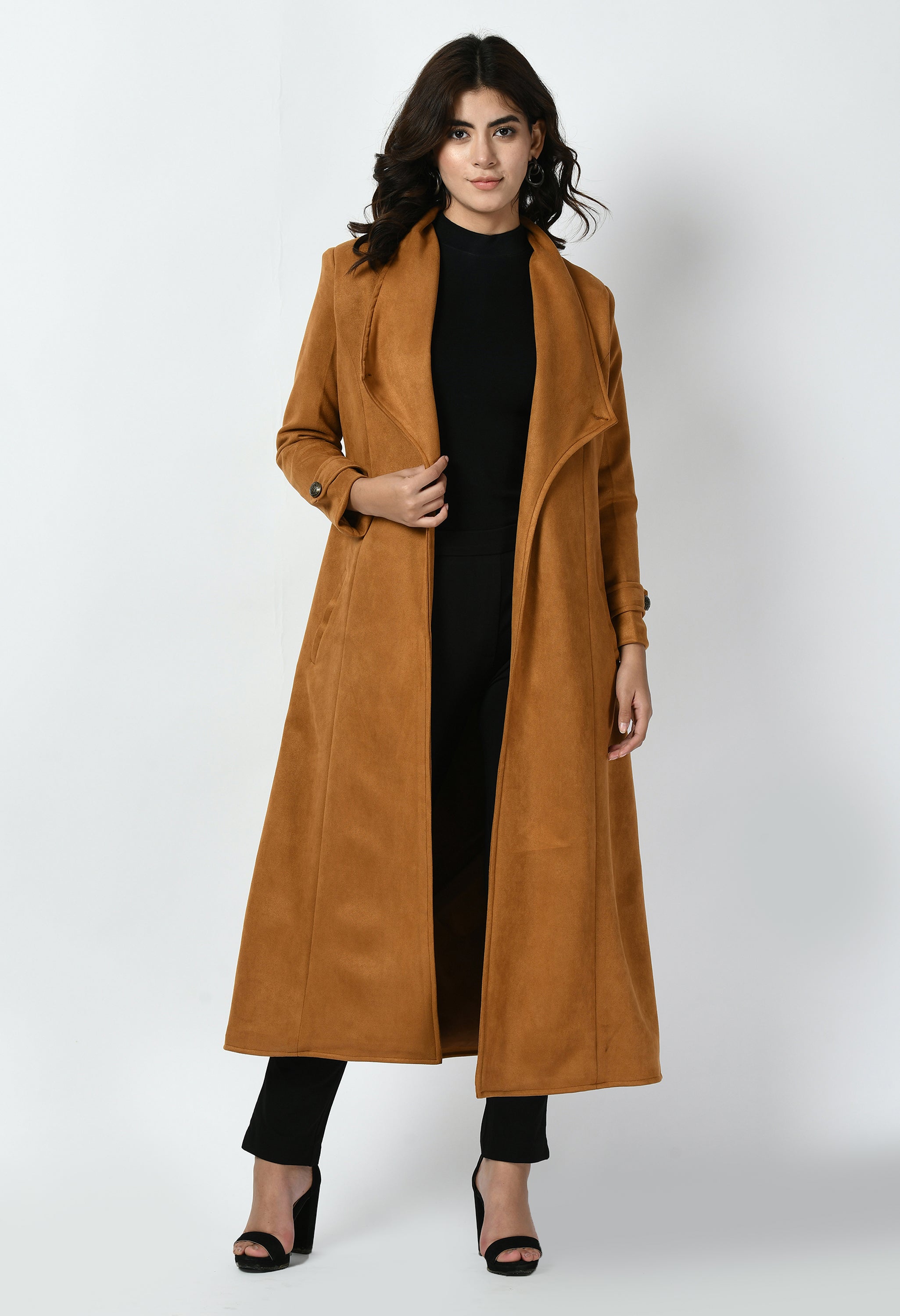 Dedication Suede Leather Long Wrap Coat (Tan Brown)