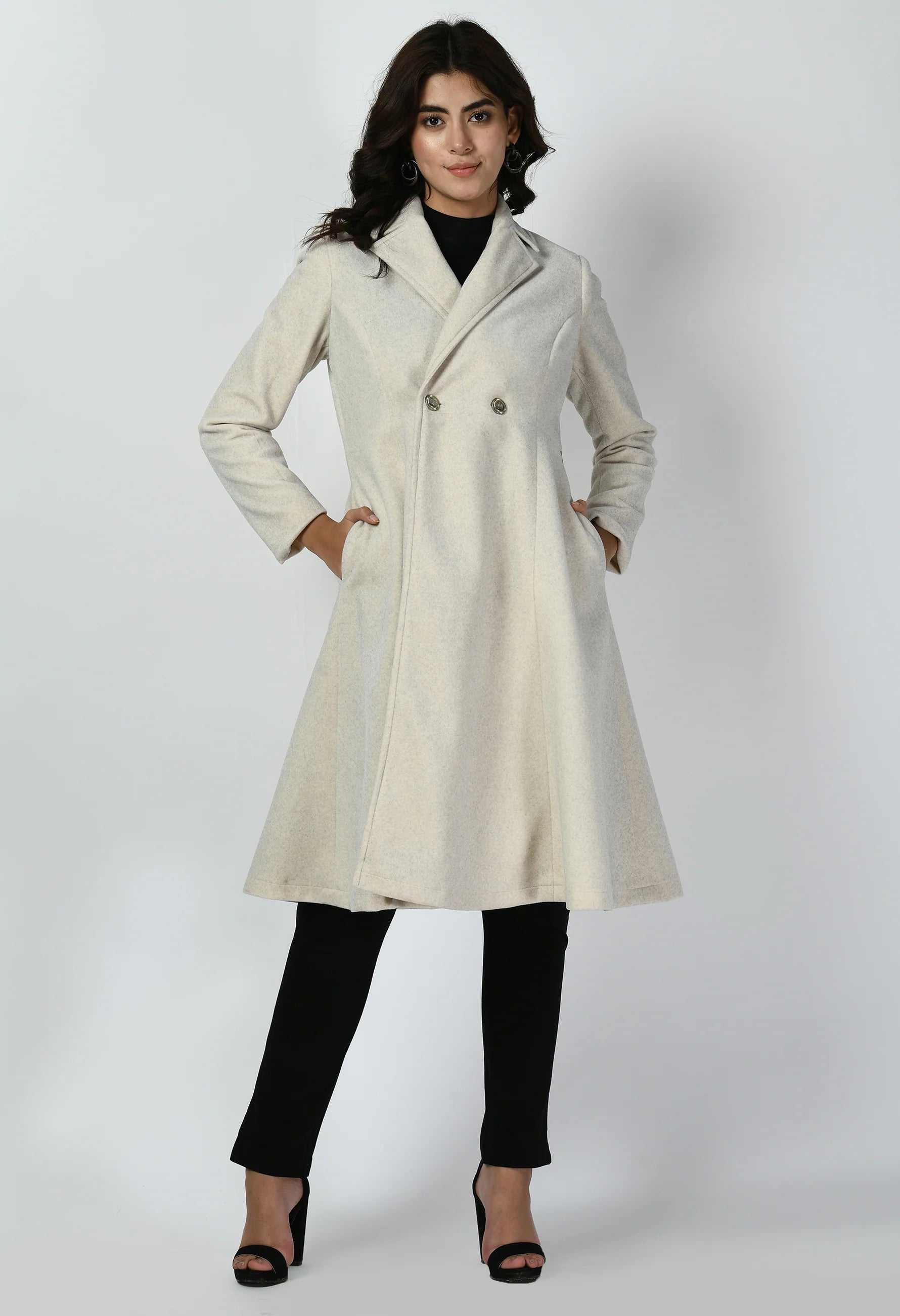 Ferocity Wool-Blend A-line Long Coat (Off White)