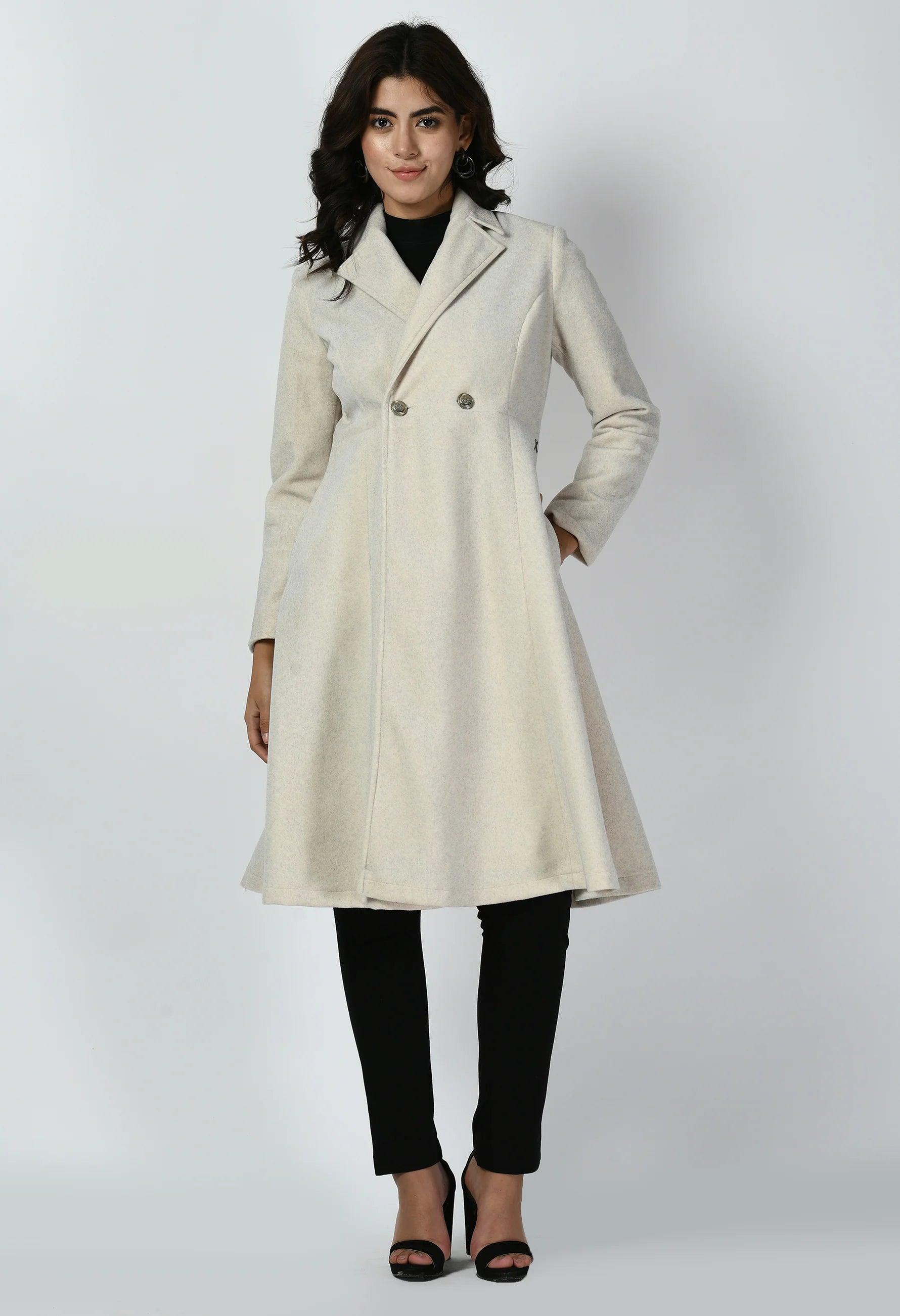 Ferocity Wool-Blend A-line Long Coat (Off White)