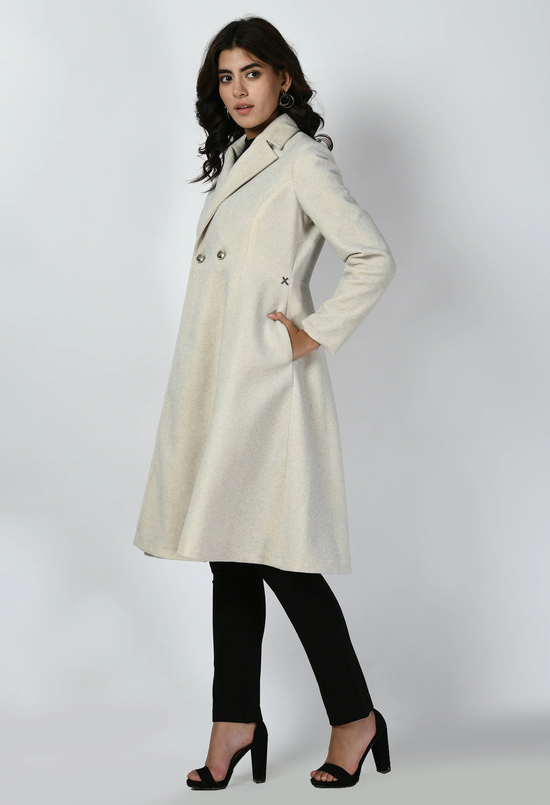 Ferocity Wool-Blend A-line Long Coat (Off White)