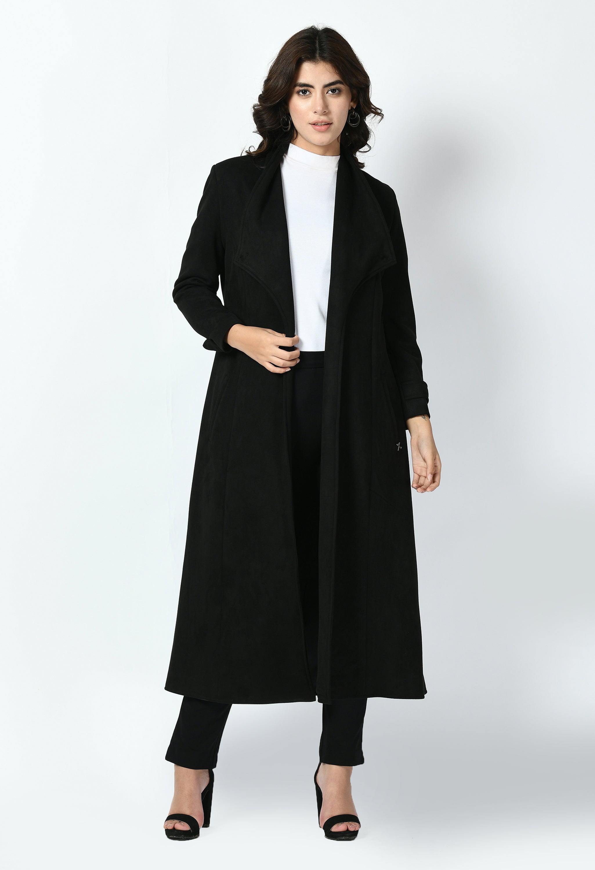 Dedication Suede Leather Long Wrap Coat (Black)