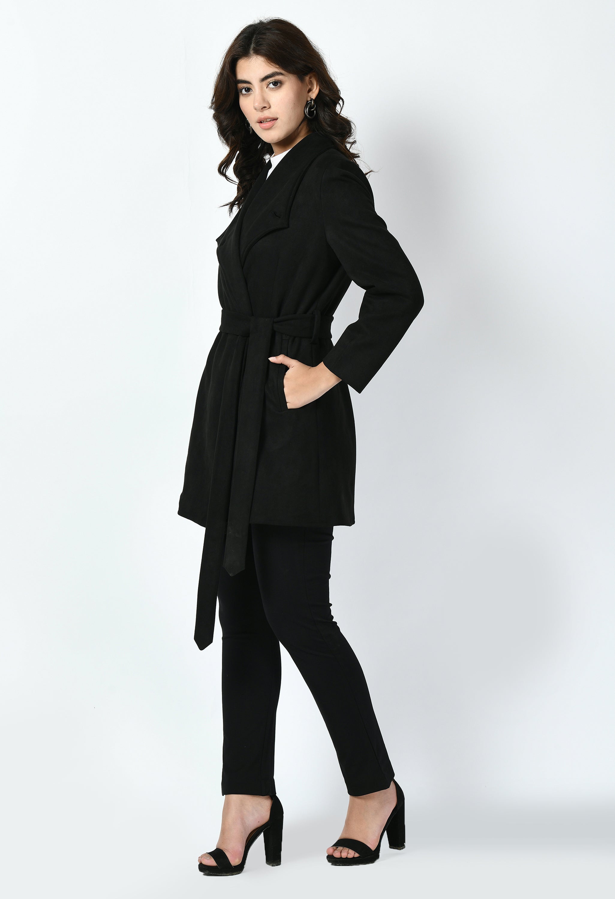 Spark Suede Leather Medium Wrap Coat (Black)