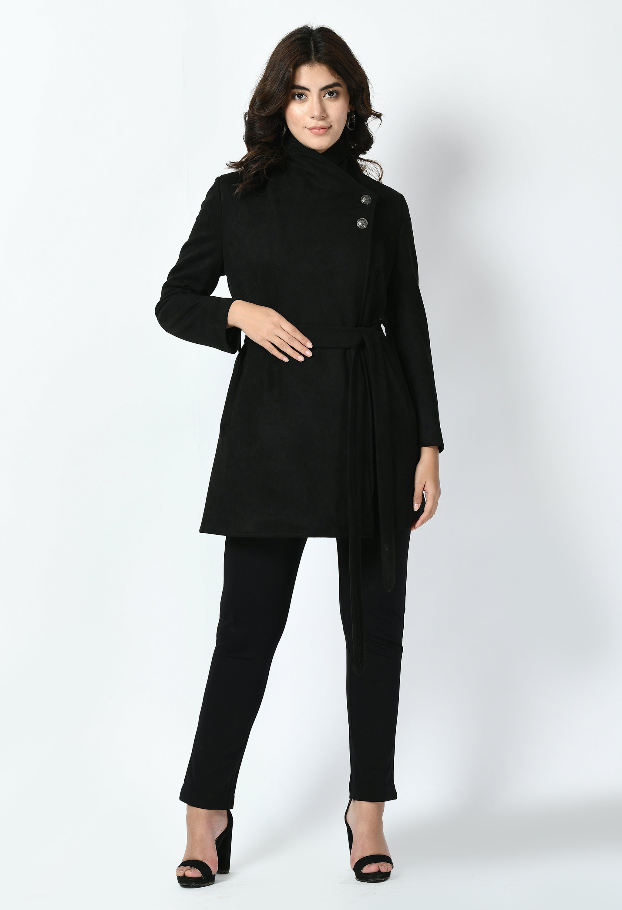 Spark Suede Leather Medium Wrap Coat (Black)