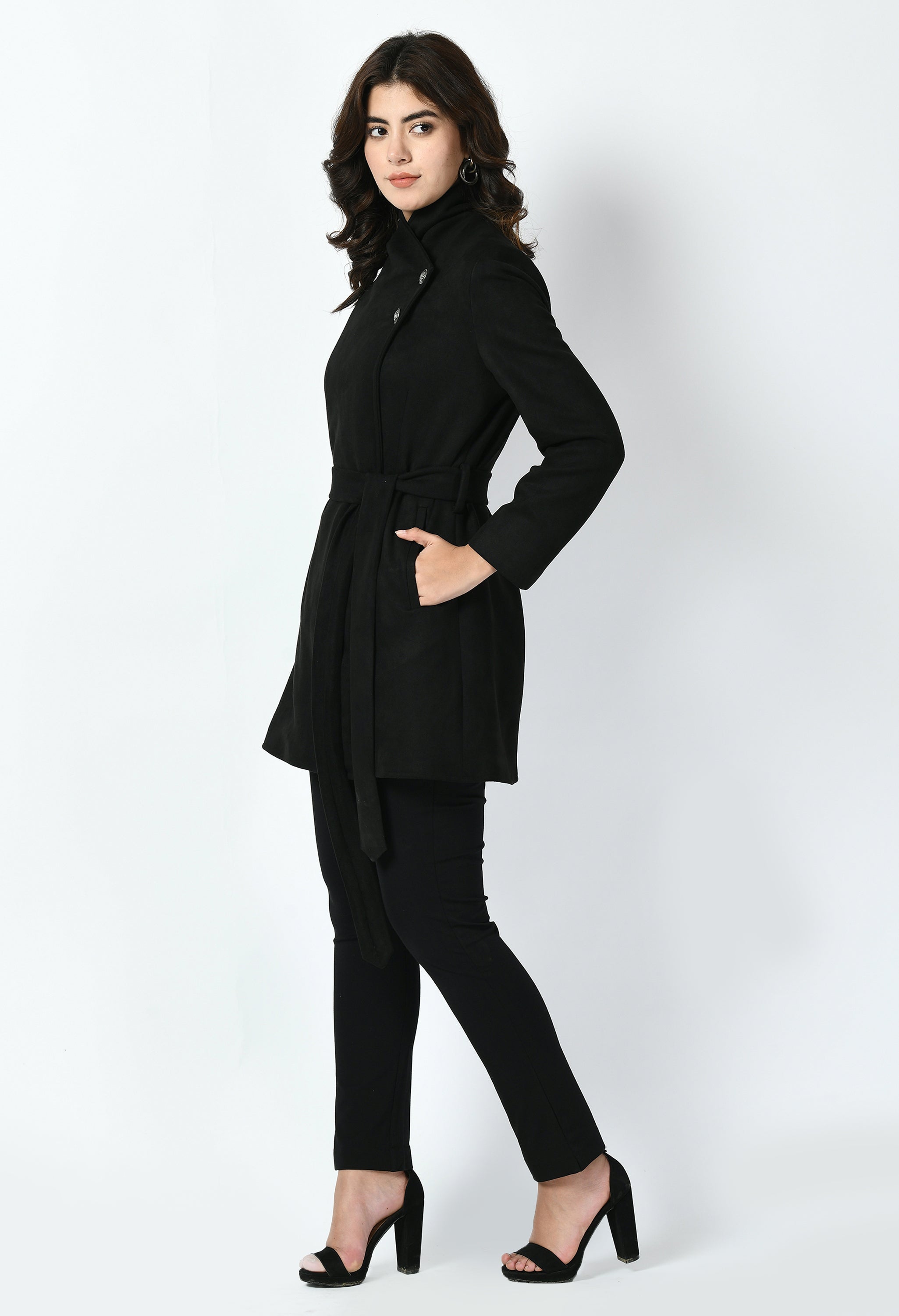 Spark Suede Leather Medium Wrap Coat (Black)