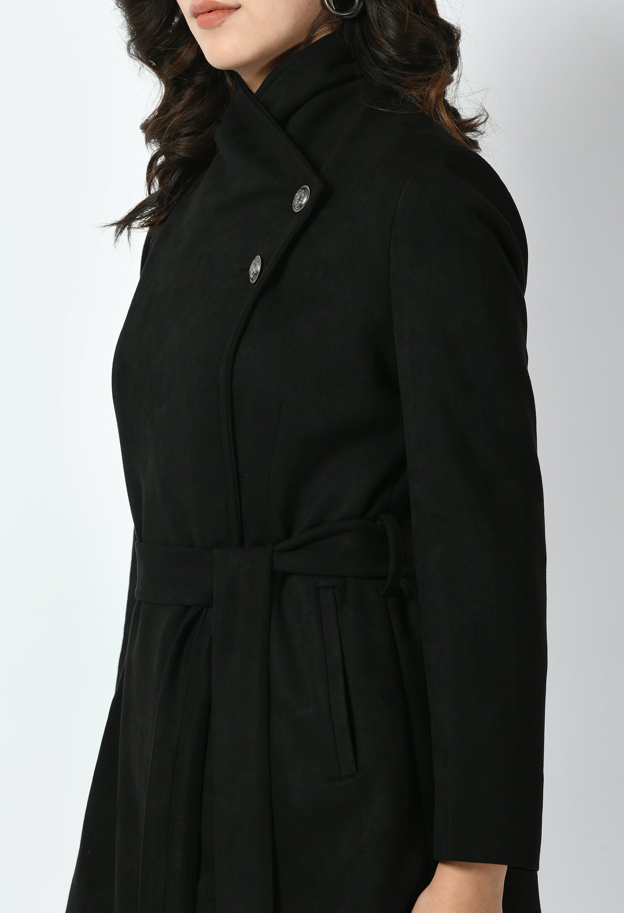 Spark Suede Leather Medium Wrap Coat (Black)