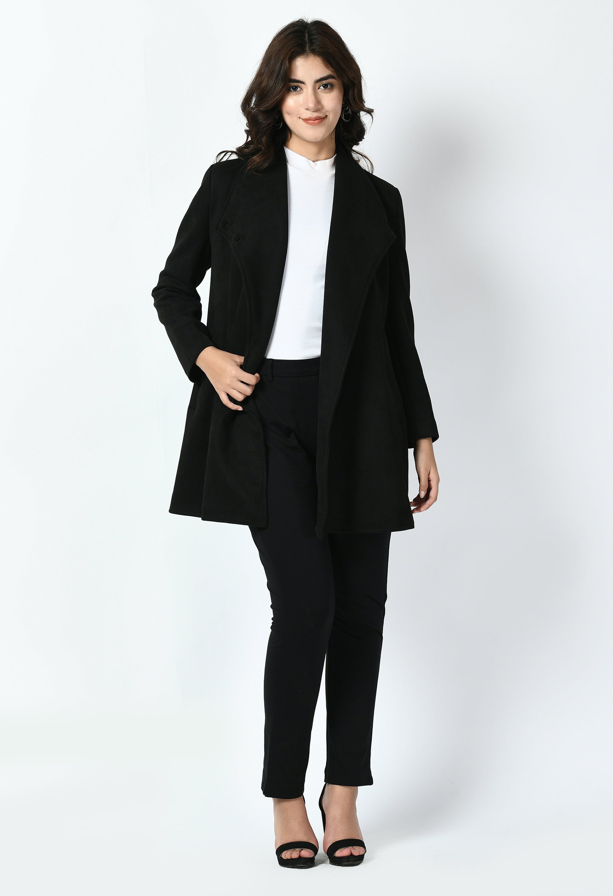 Spark Suede Leather Medium Wrap Coat (Black)