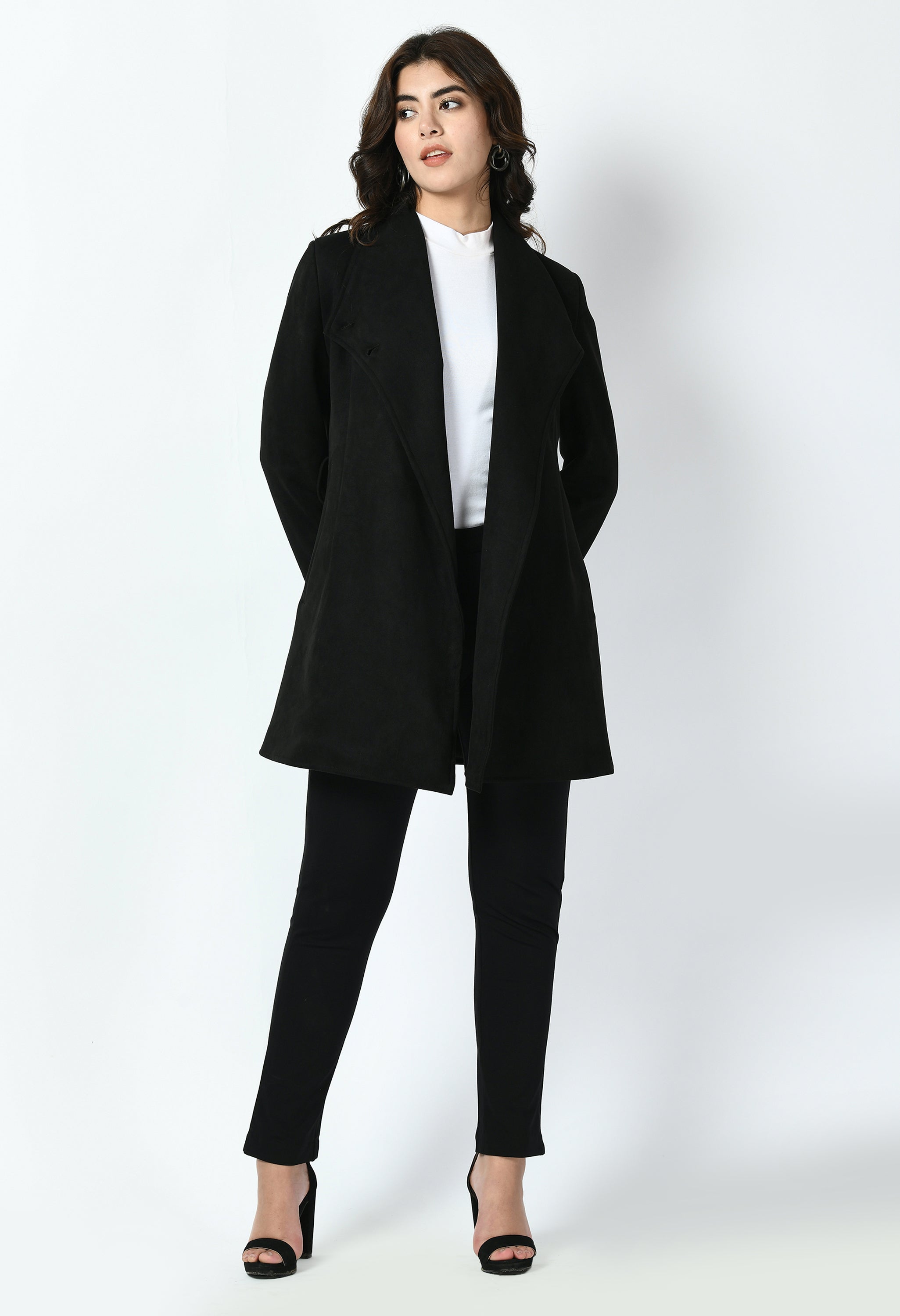 Spark Suede Leather Medium Wrap Coat (Black)