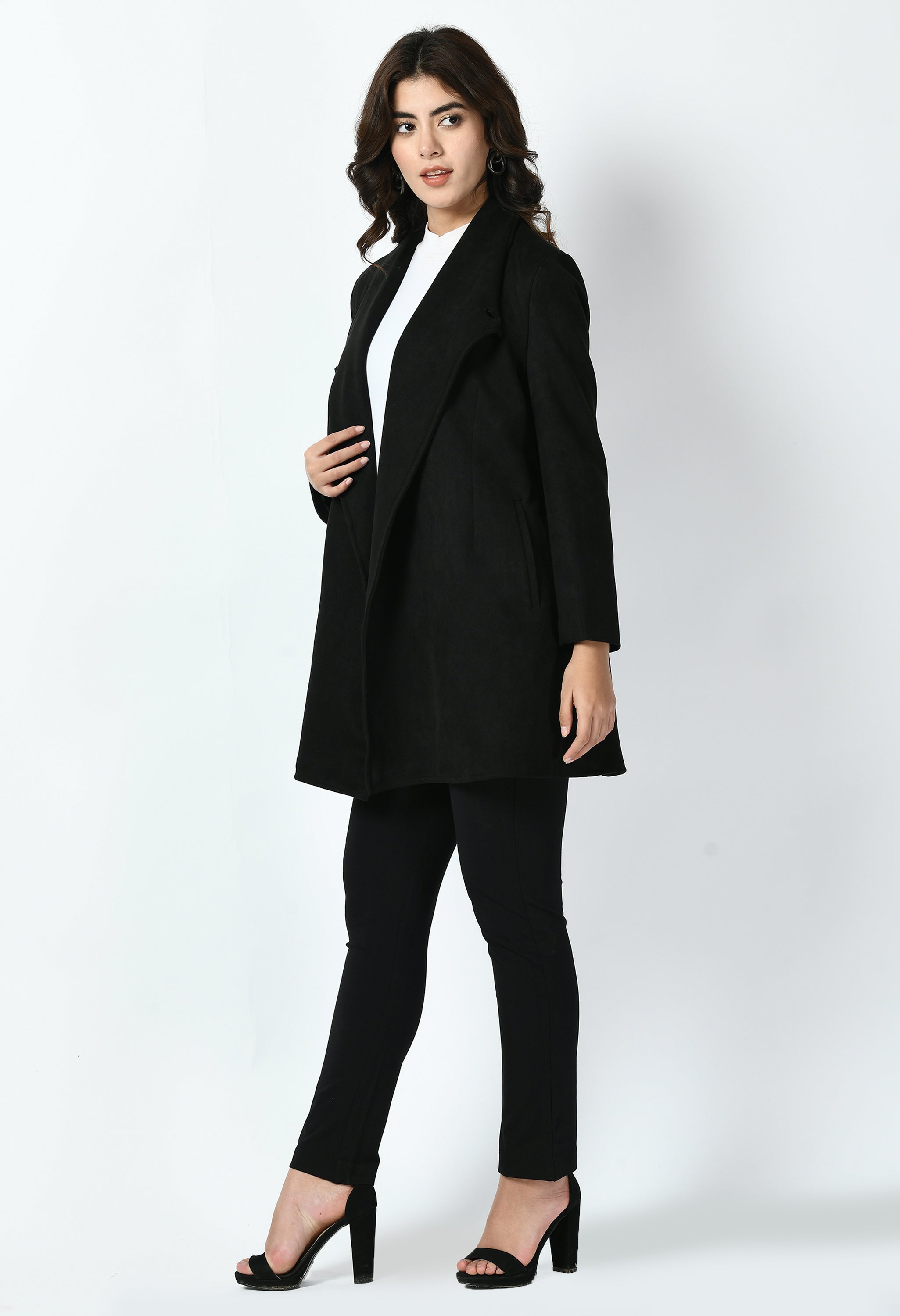 Spark Suede Leather Medium Wrap Coat (Black)