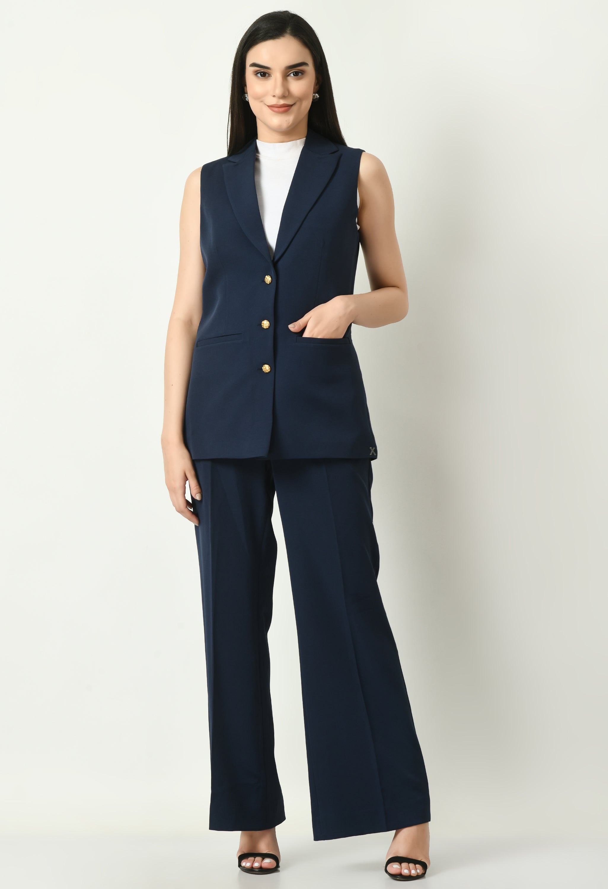 Meridian Sleeveless Long Blazer (Navy)