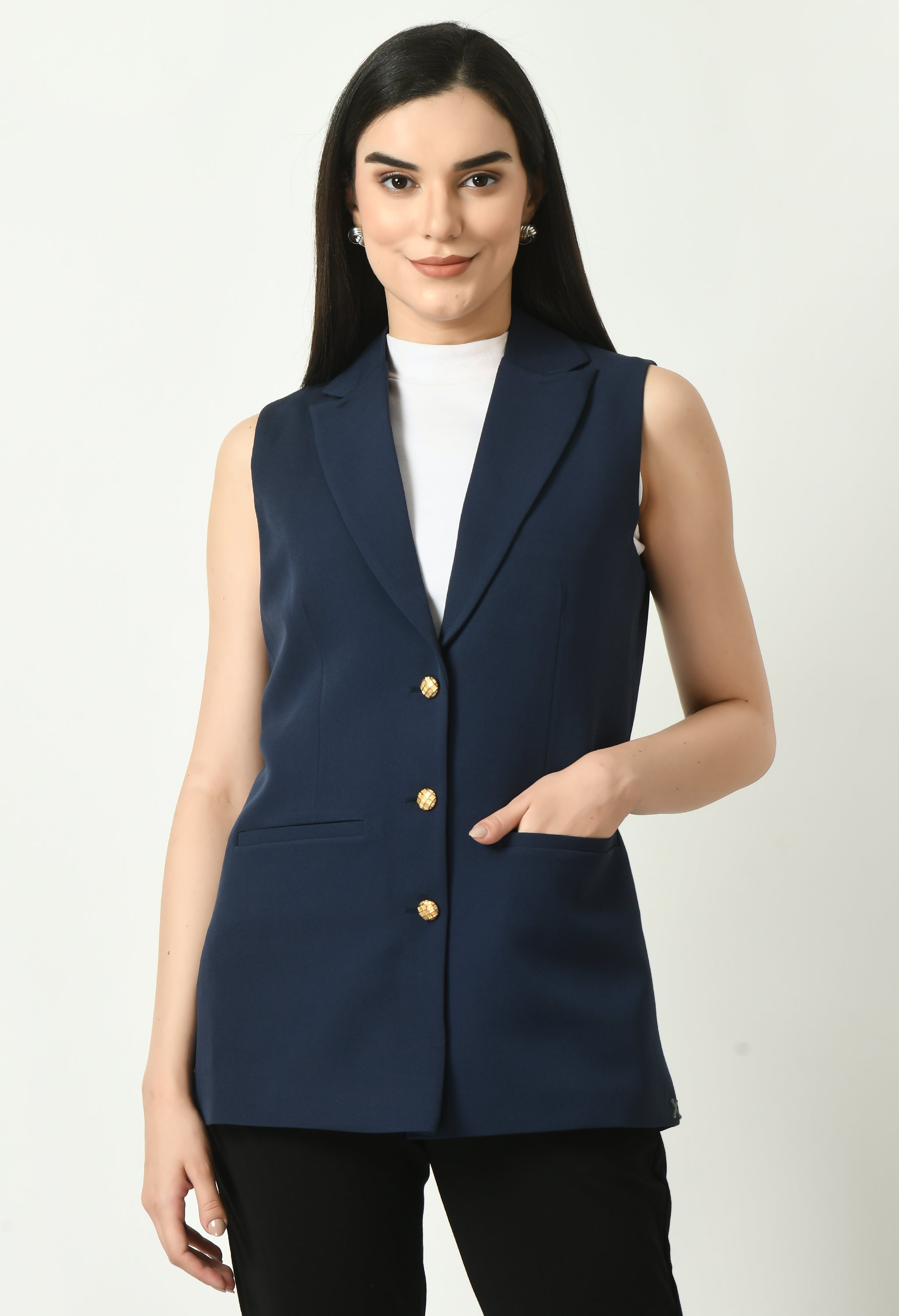 Meridian Sleeveless Long Blazer (Navy)