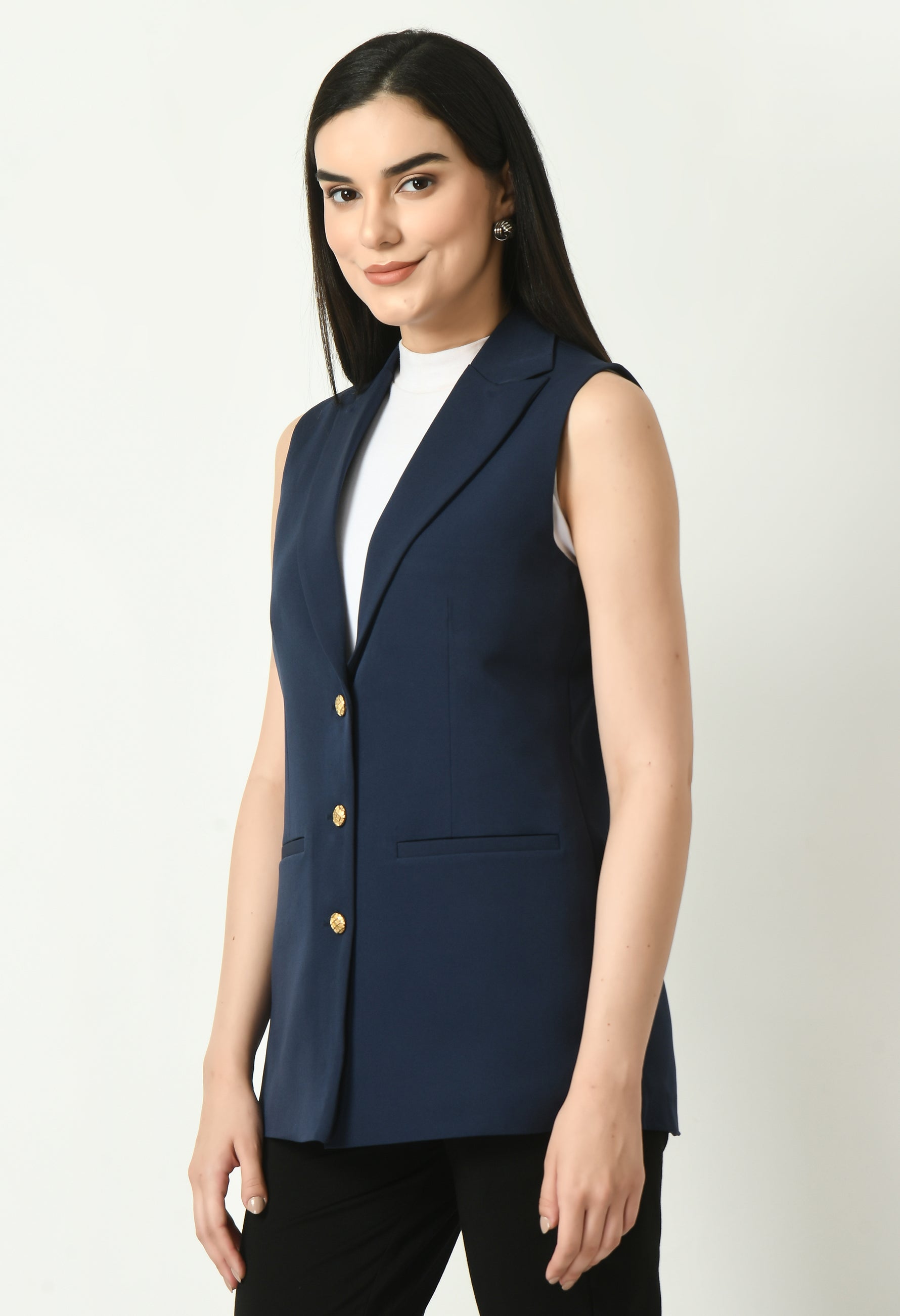 Meridian Sleeveless Long Blazer (Navy)