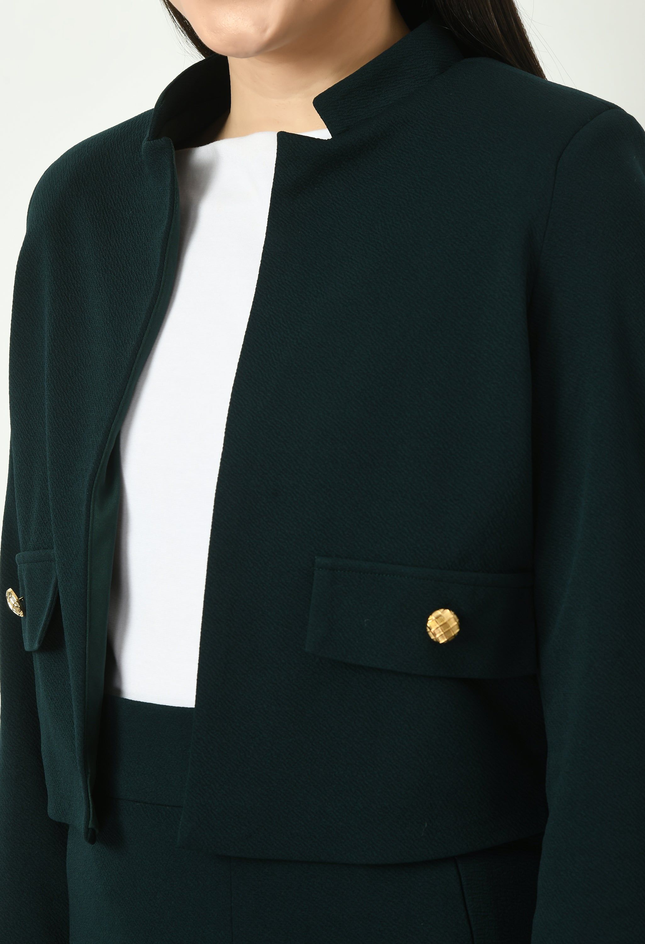 Triumph Mandarin Collar Crop Blazer (Emerald Green)