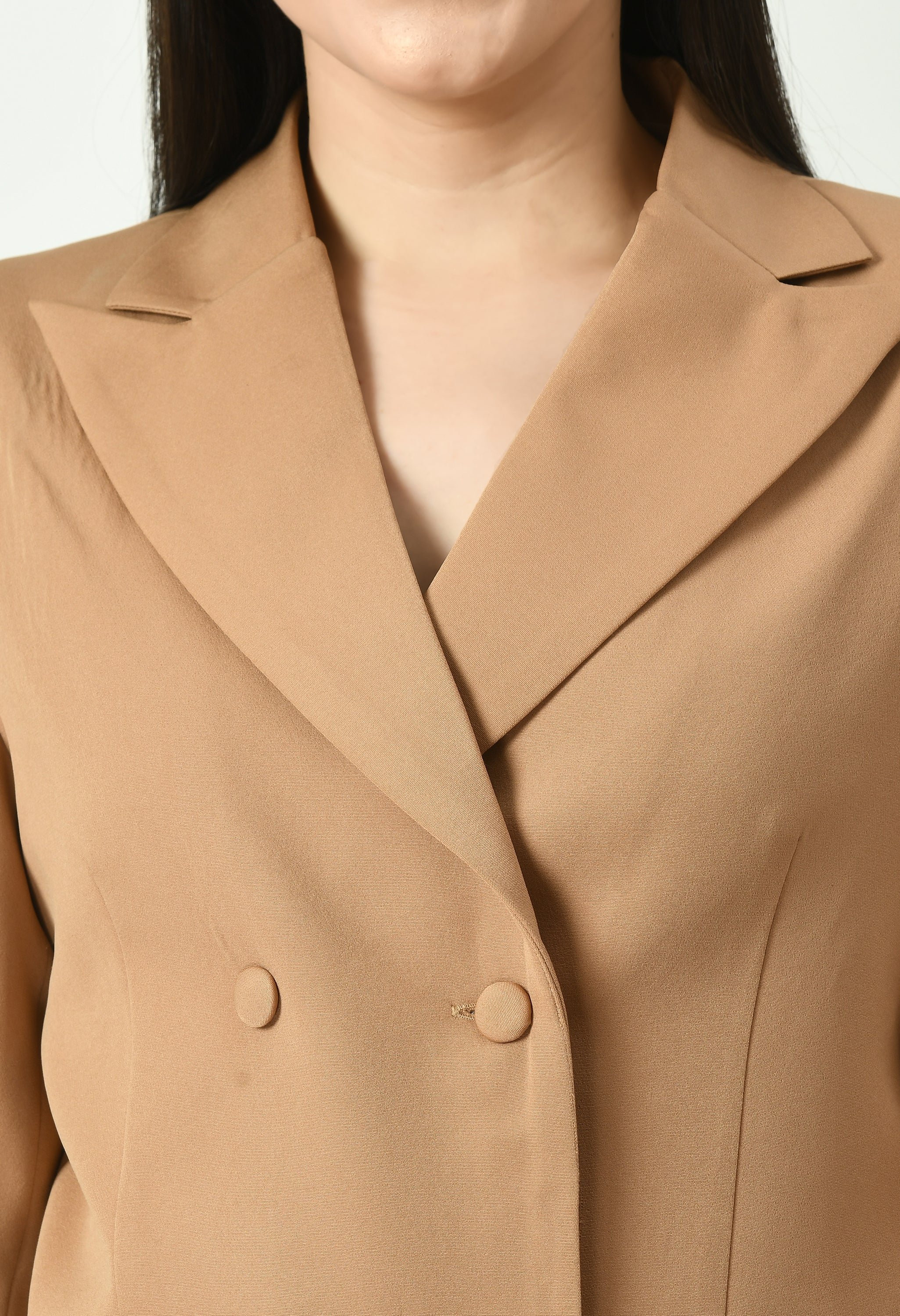 Self-assurance Double-breasted Crop Blazer Top with Pencil Skirt (Beige)