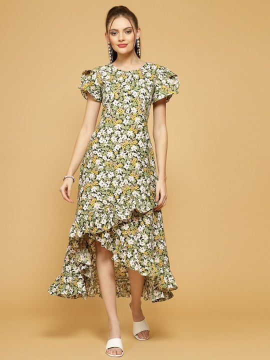 Floral Printed Flutter Sleeve Ruffled Crepe A-Line Midi Dress