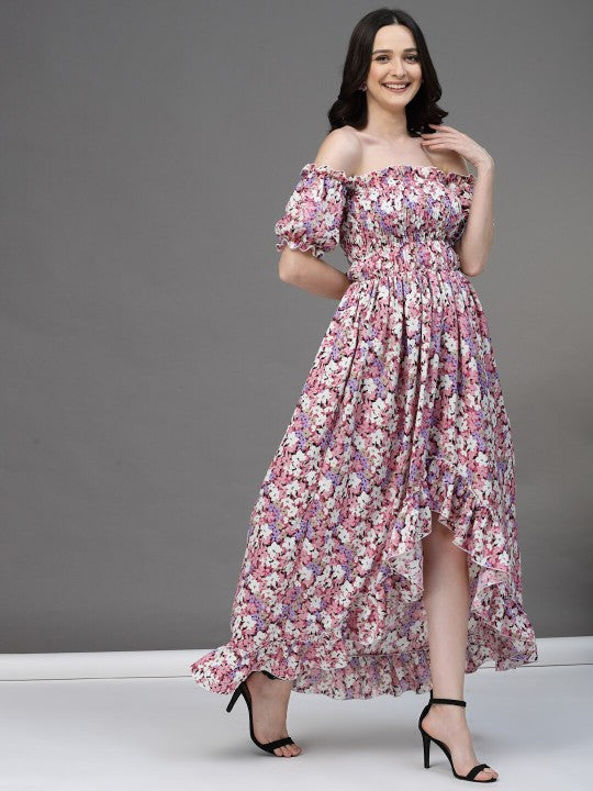 Floral Print Puff Sleeve Smocked Crepe A-Line Dress