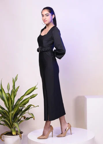 Chic Midi Dress with Square Neckline, Long Sleeves for Women/Girls | Crafted from Premium Polyester Fabric - Ideal for Formal Occasions