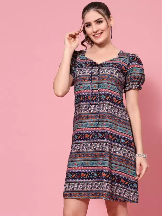 Chevron Printed Puff Sleeves Tie-Up A-Line Dress