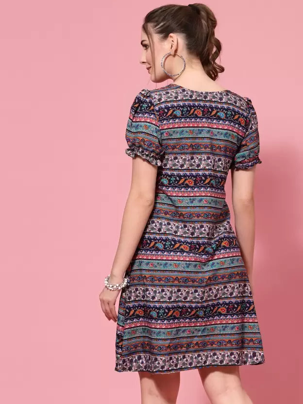 Chevron Printed Puff Sleeves Tie-Up A-Line Dress