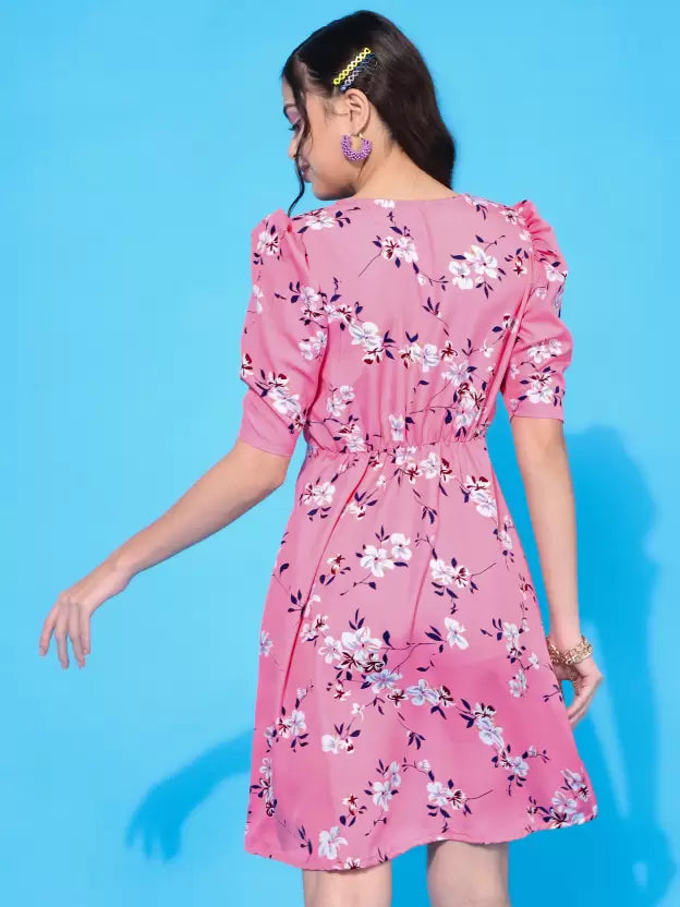 Floral Print Puff Sleeve Crepe A-Line Mini Dress