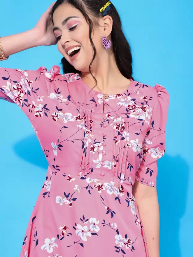 Floral Print Puff Sleeve Crepe A-Line Mini Dress