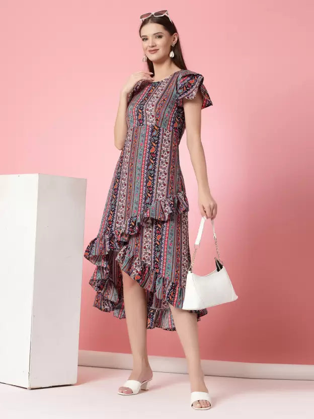 Floral Printed Flutter Sleeve Ruffled Crepe A-Line Midi Dress