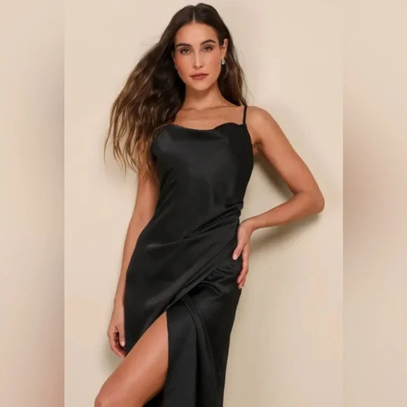 Hollywood Woman Black Satin Midi Dress