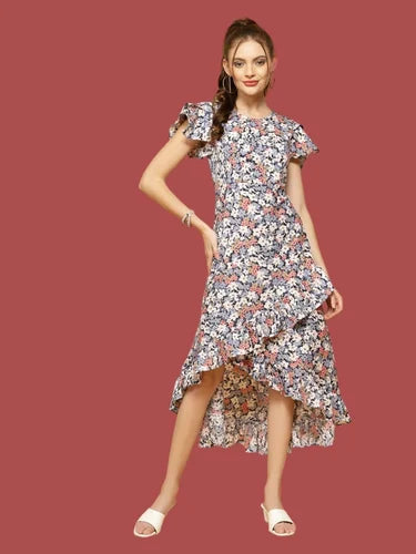 Floral Printed Flutter Sleeve Ruffled Crepe A-Line Midi Dress