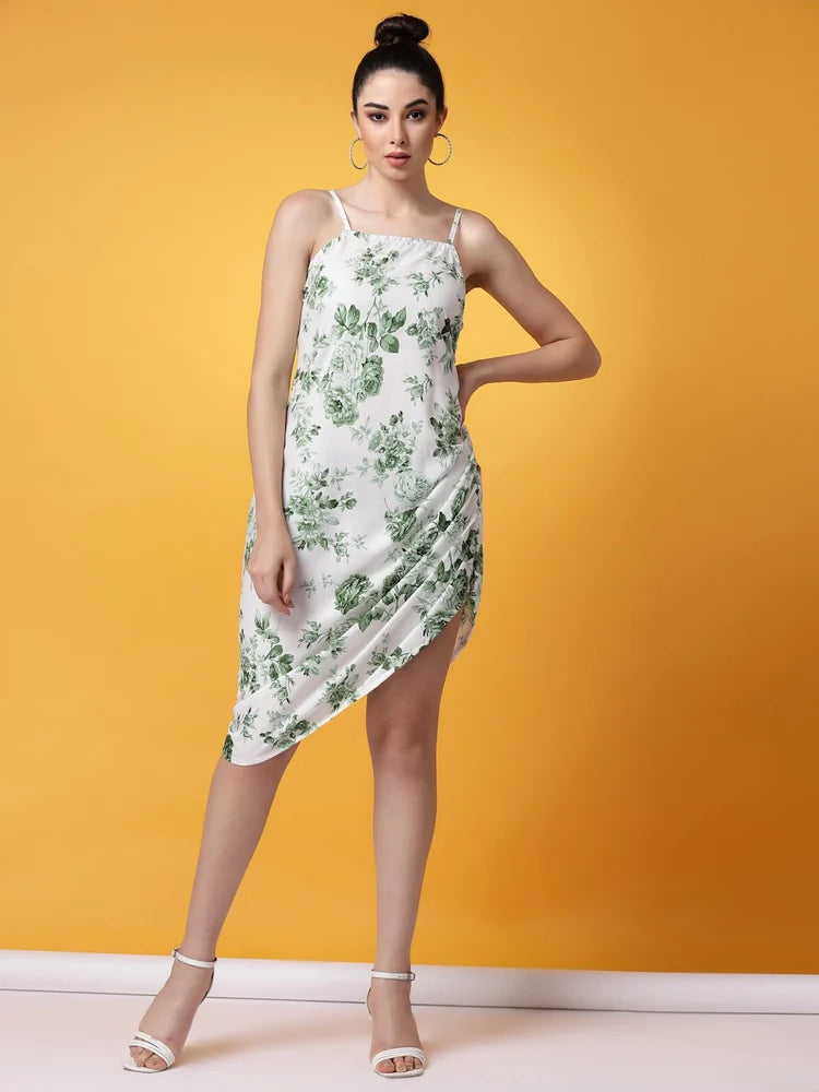 Floral Printed White And Green Ladies Party Wear One Piece Crepe Short Dress, Sleeveless