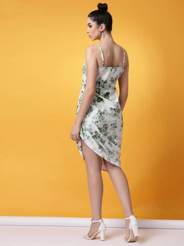 Floral Printed White And Green Ladies Party Wear One Piece Crepe Short Dress, Sleeveless