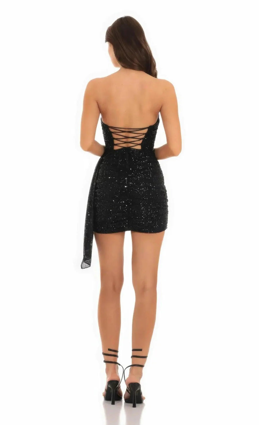 Radiant Nights Strapless Black Sequin Tassel Corset Dress