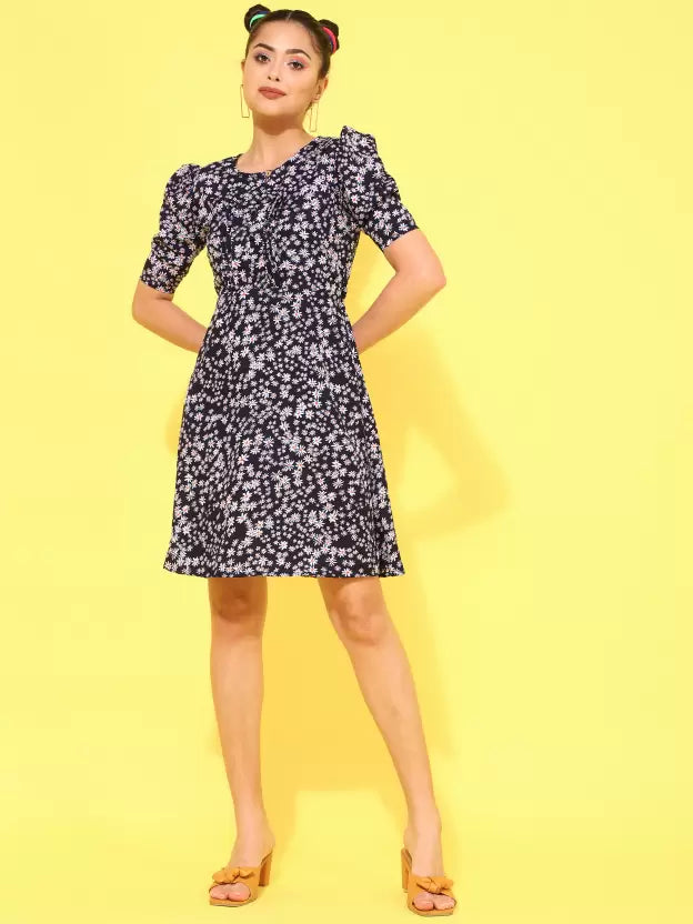 Floral Print Puff Sleeve Crepe A-Line Mini Dress