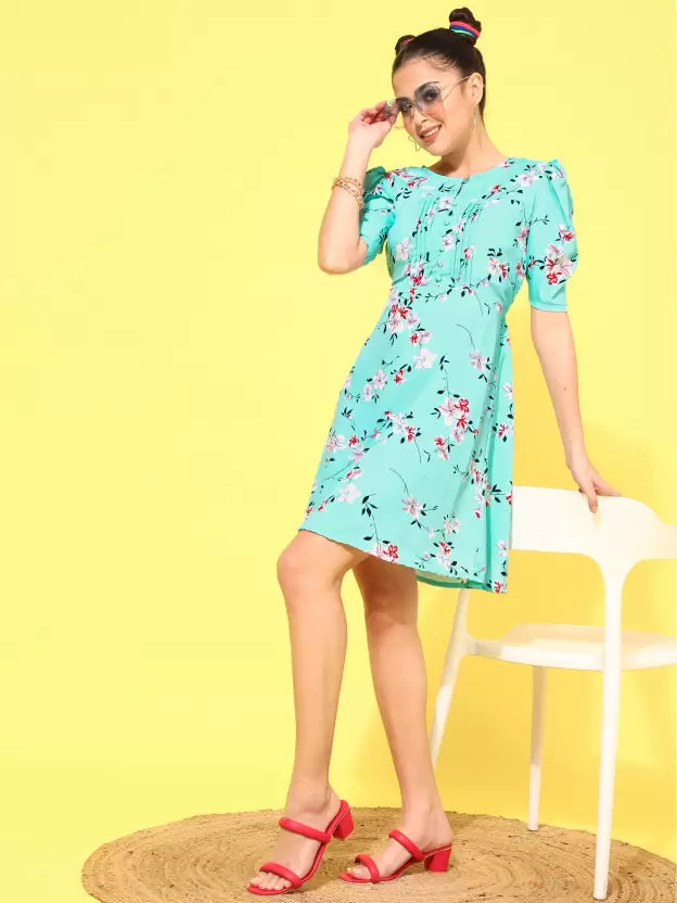 Floral Print Puff Sleeve Crepe A-Line Mini Dress