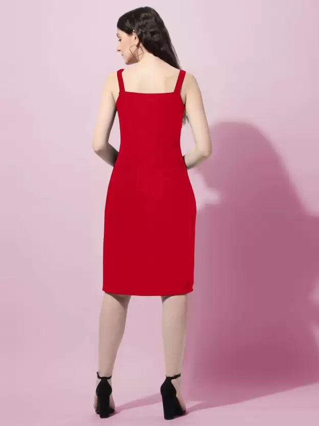 Above Knee/Mid Thigh Length Bodycon dress in Lycra Blend fabric with Square Neck and No Sleeves