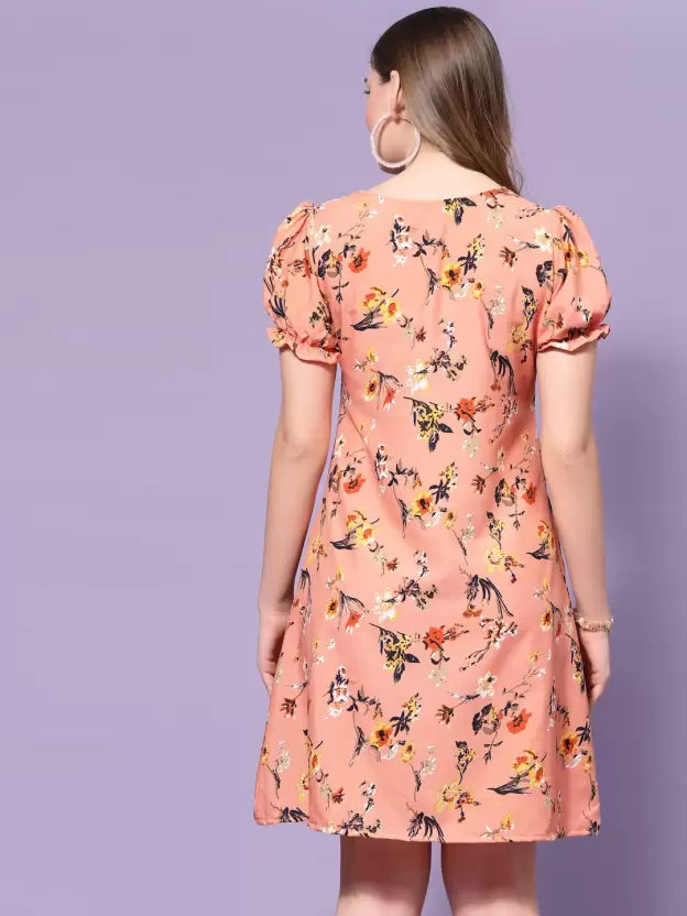 Chevron Printed Puff Sleeves Tie-Up A-Line Dress