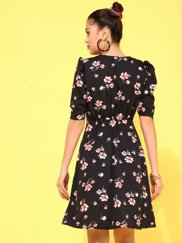 Floral Print Puff Sleeve Crepe A-Line Mini Dress