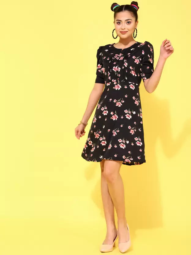 Floral Print Puff Sleeve Crepe A-Line Mini Dress