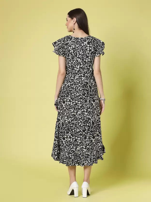 Floral Printed Flutter Sleeve Ruffled Crepe A-Line Midi Dress