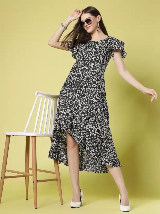 Floral Printed Flutter Sleeve Ruffled Crepe A-Line Midi Dress