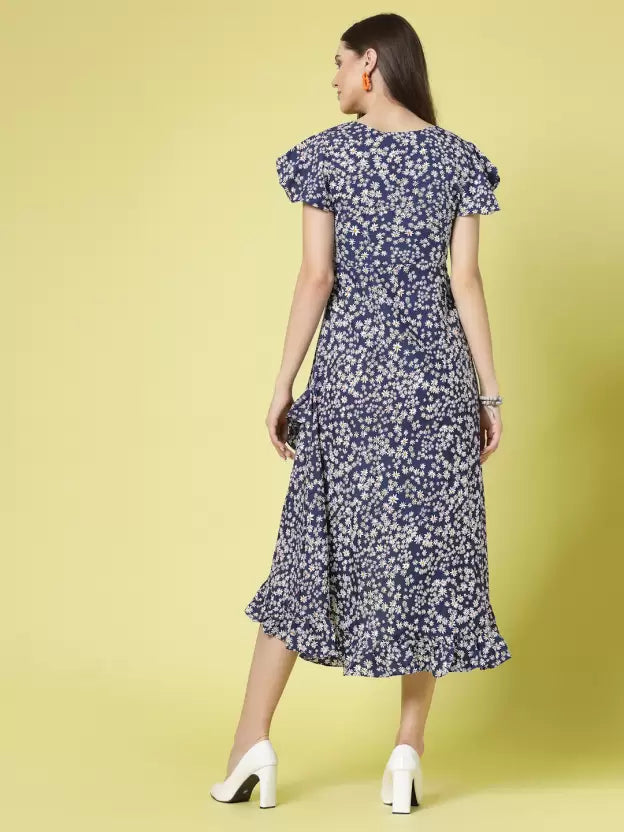 Floral Printed Flutter Sleeve Ruffled Crepe A-Line Midi Dress